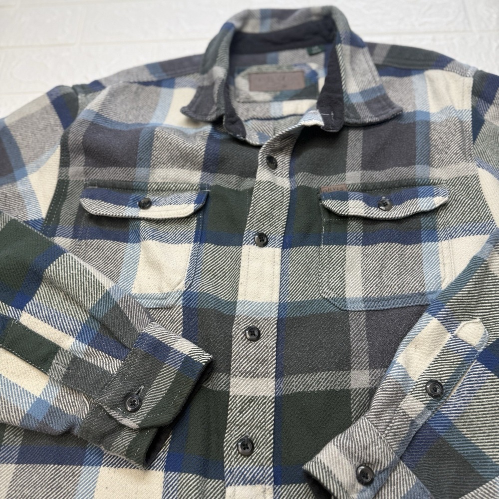 Orvis Flannel gray blue plaid long sleeve button front shirt jacket mens size L